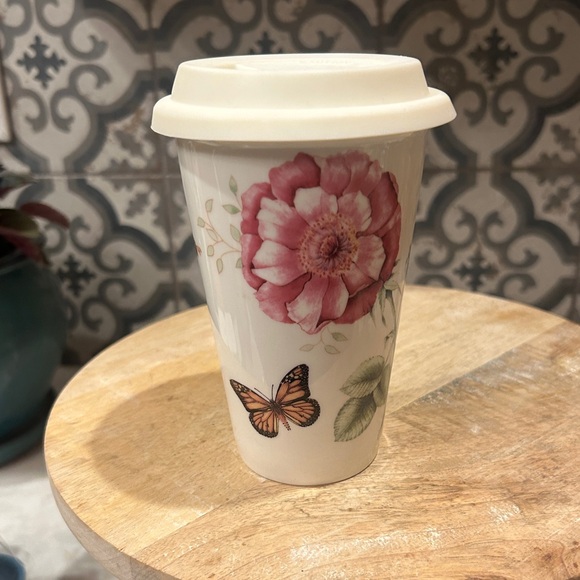 LENOX DISCONTINUED DESIGN “BUTTERFLY MEADOW” TRAVEL MUG WITH LID- EUC - Picture 1 of 12